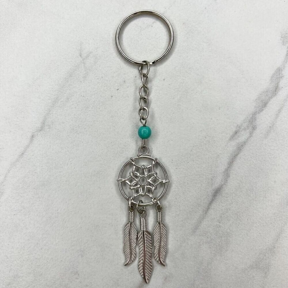 Silver Tone Faux Turquoise Beaded Dreamcatcher Keychain Keyring
